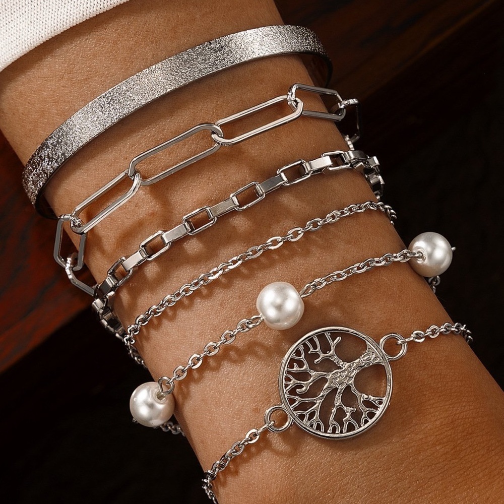 Layered Boho Pearl Tree of Life Bracelet Set 6pc